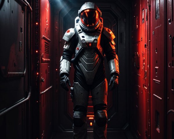 Futuristic Astronaut in Dimly Lit Metallic Corridor