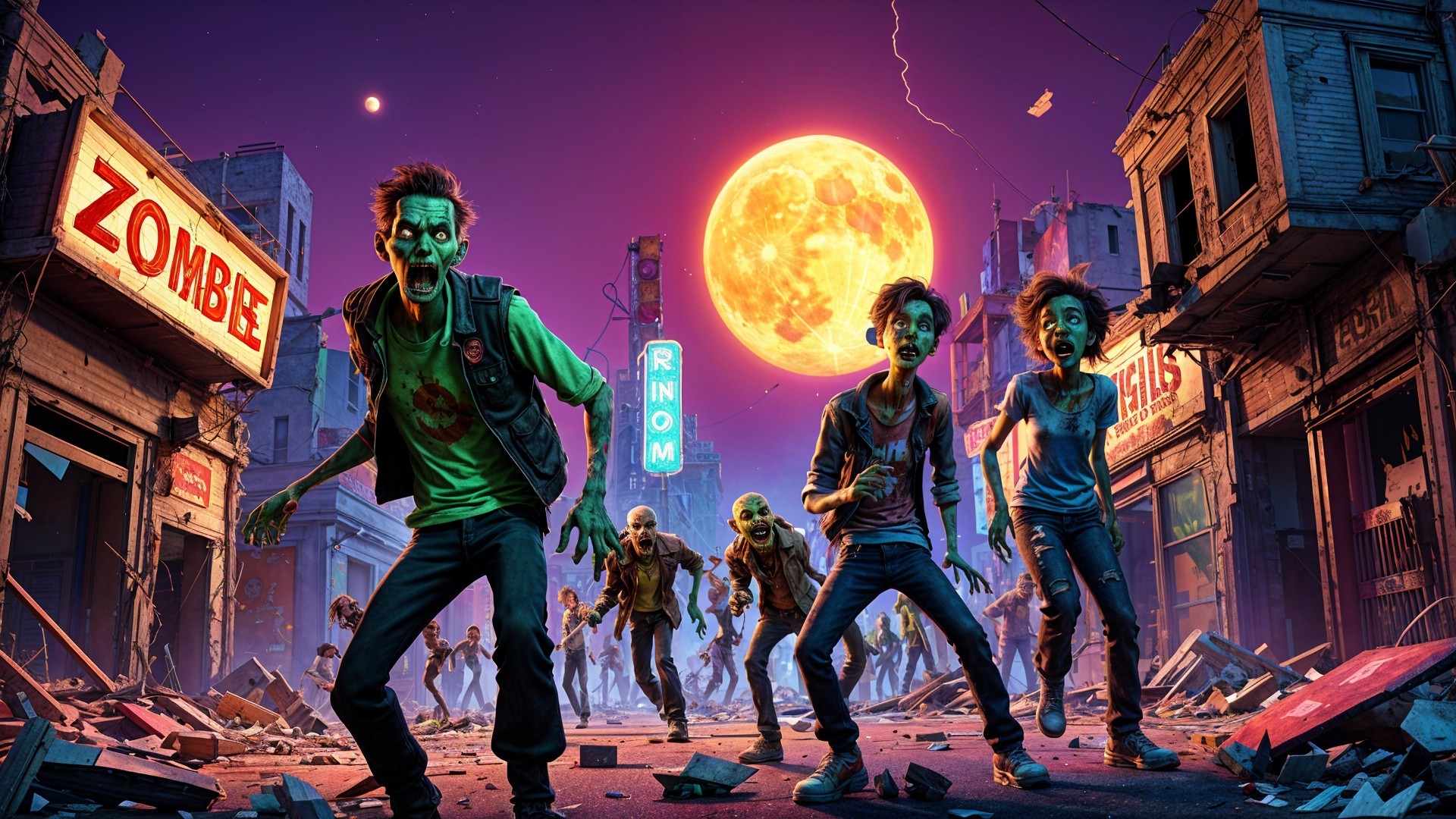 Young Zombies in a Post-Apocalyptic Cityscape