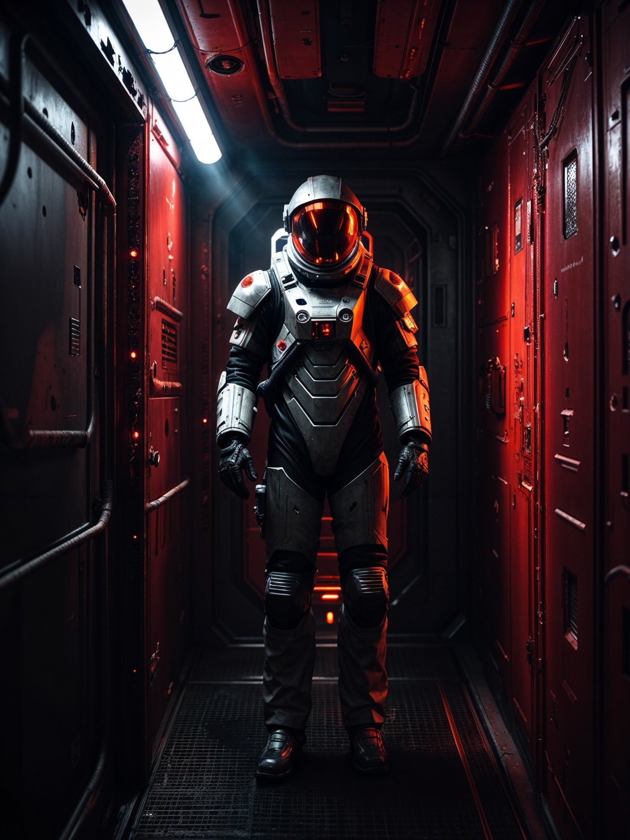 Futuristic Astronaut in Dimly Lit Metallic Corridor