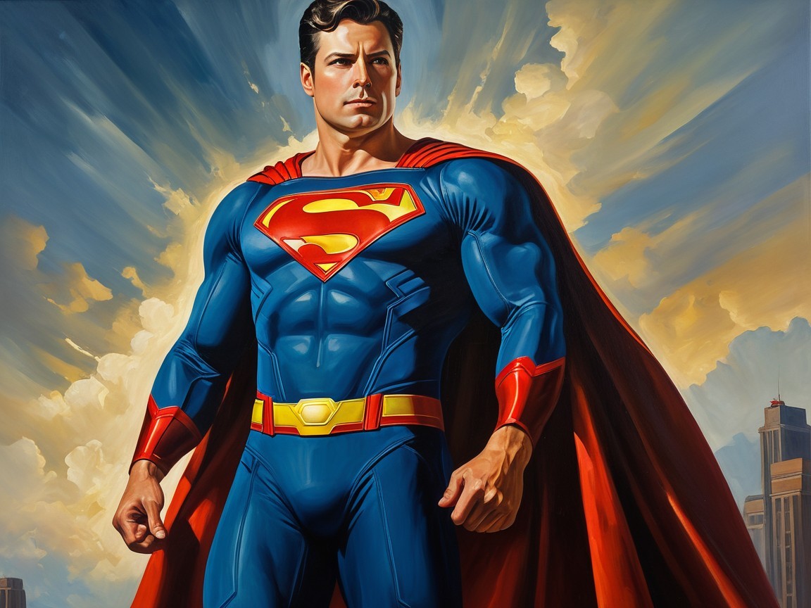 Heroic figure in blue suit with red cape and emblem