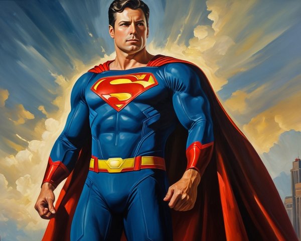 Heroic figure in blue suit with red cape and emblem