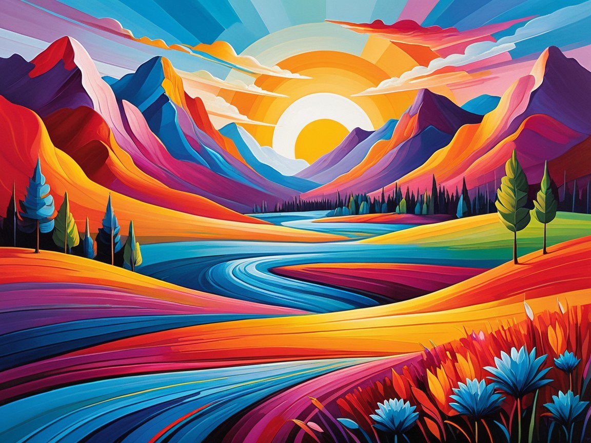 Vibrant Landscape with Rolling Hills and Sunset River