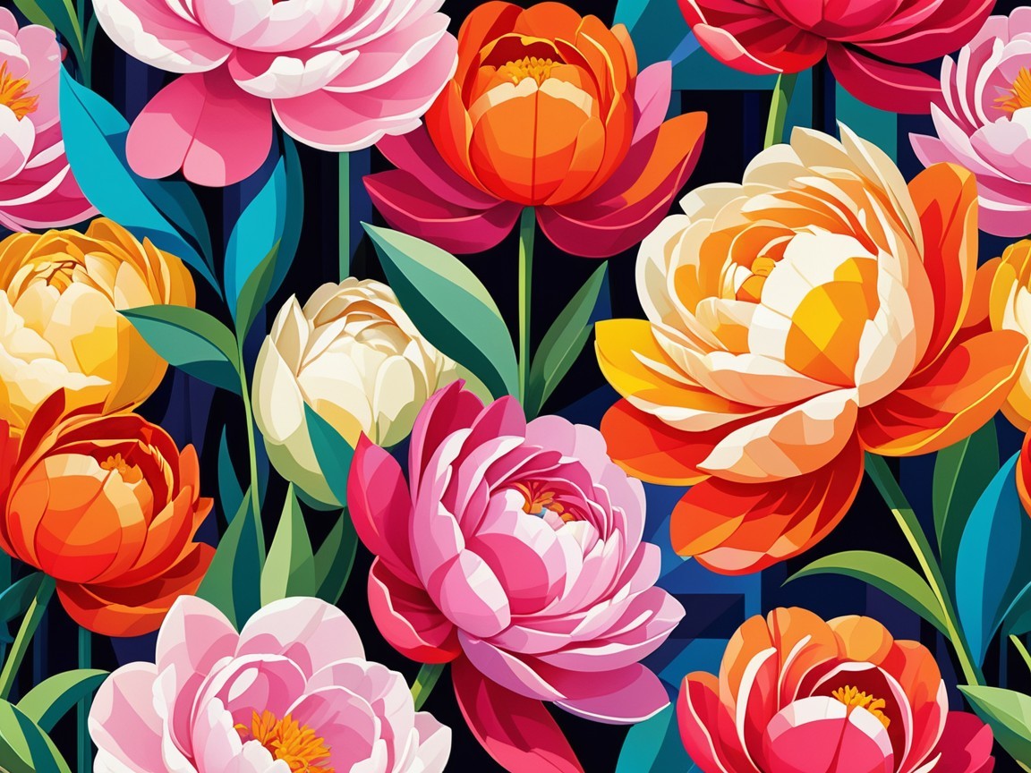Vibrant Floral Pattern with Colorful Peonies and Tulips