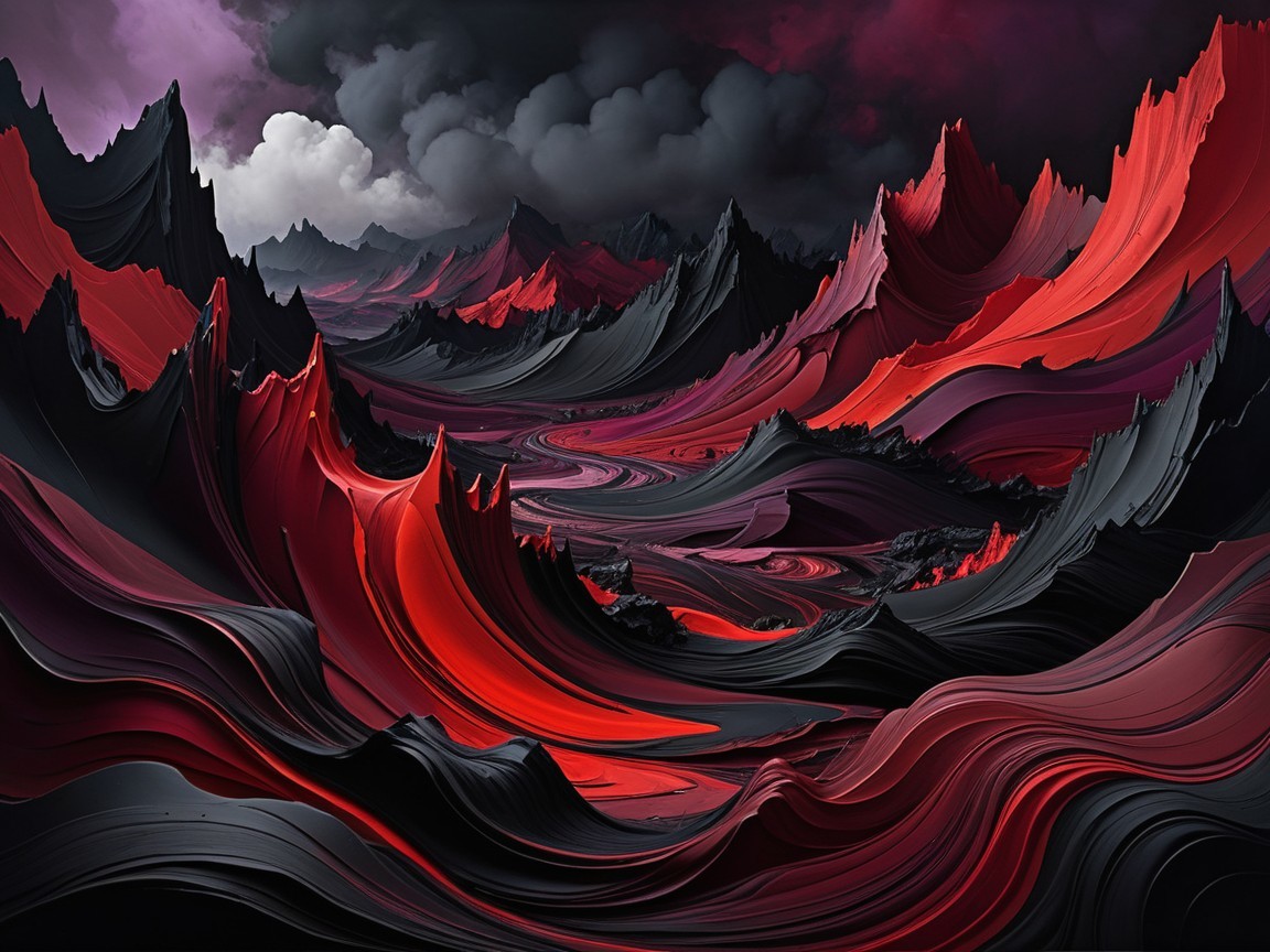 Surreal Landscape with Dramatic Red and Black Formations