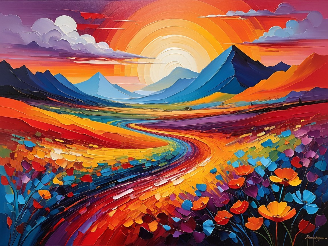 Vibrant Landscape with Sunset and Colorful Flowers