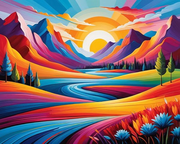 Vibrant Landscape with Rolling Hills and Sunset River