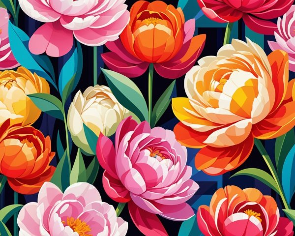 Vibrant Floral Pattern with Colorful Peonies and Tulips