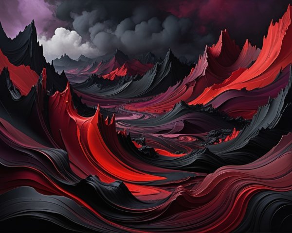 Surreal Landscape with Dramatic Red and Black Formations
