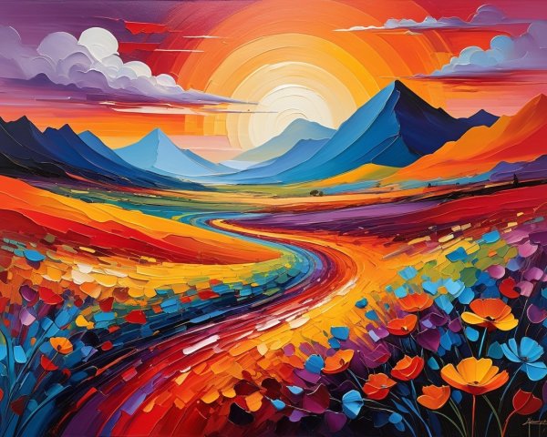 Vibrant Landscape with Sunset and Colorful Flowers