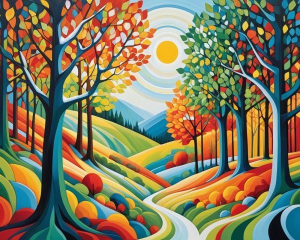 Vibrant Abstract Landscape with Colorful Trees and Hills