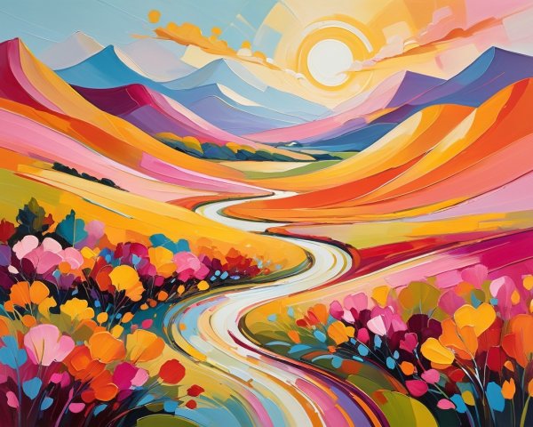 Vibrant Landscape with Colorful Flowers and River