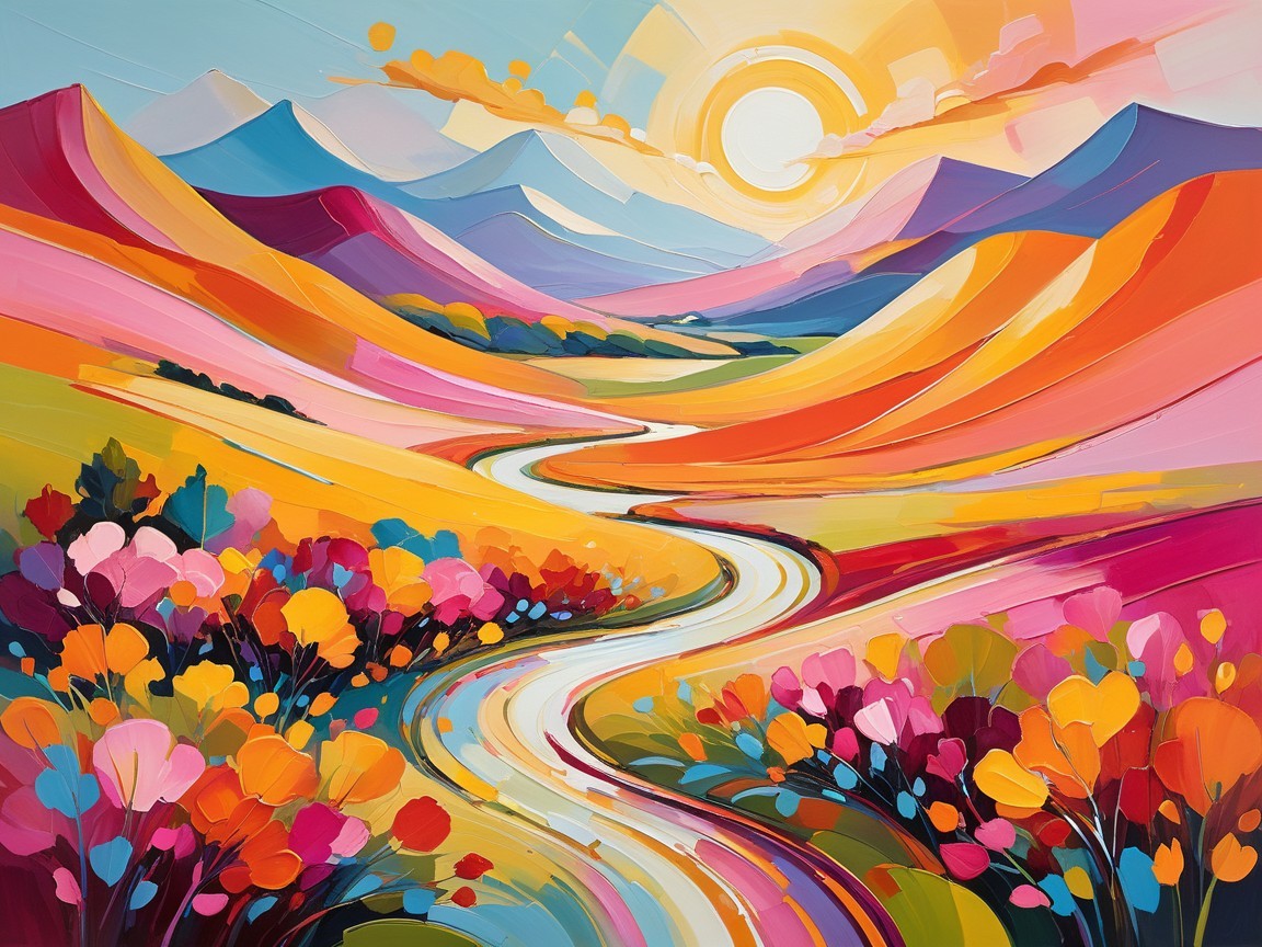 Vibrant Landscape with Colorful Flowers and River