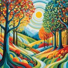 Vibrant Abstract Landscape with Colorful Trees and Hills