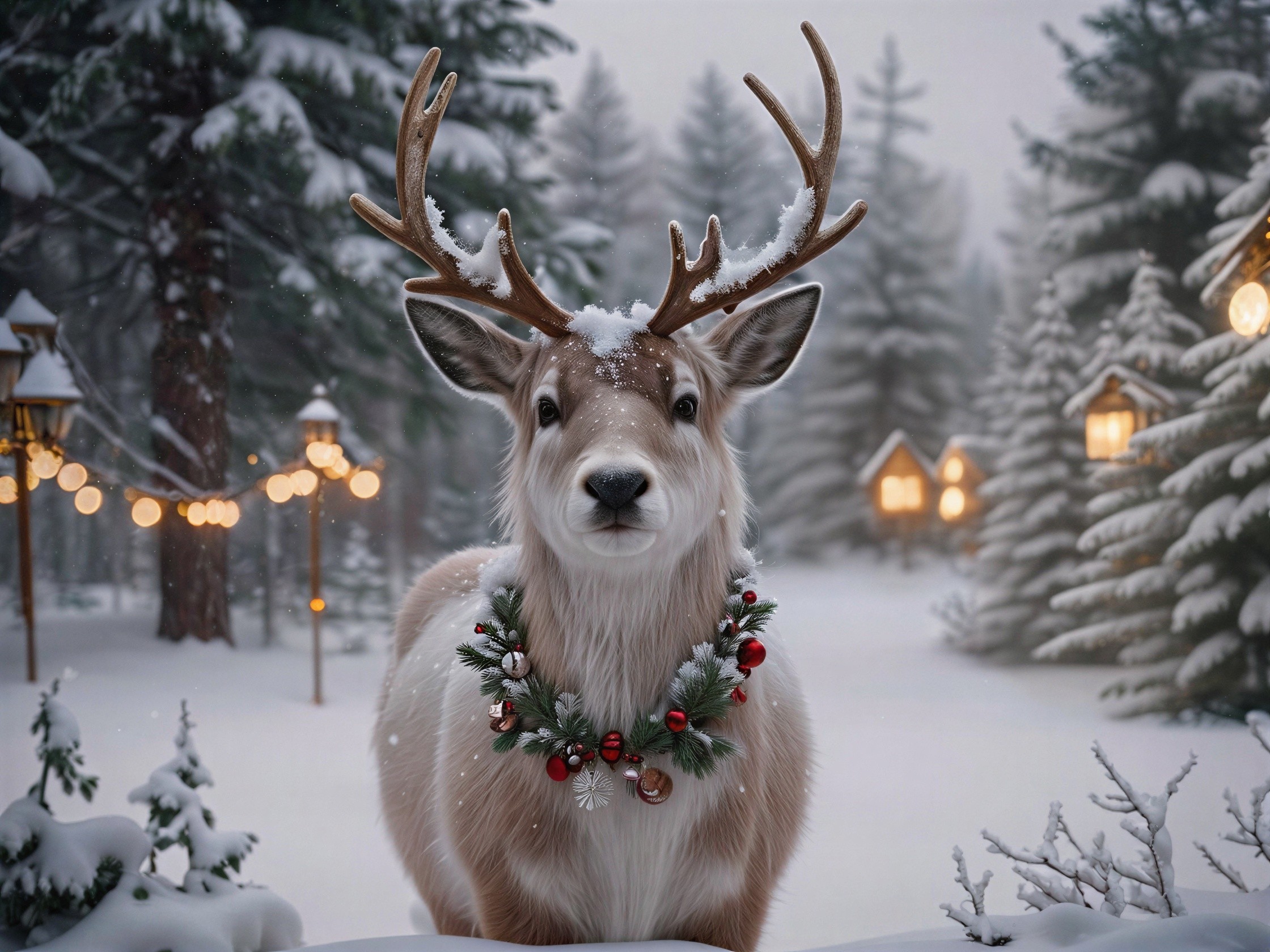 Reindeer in Snowy Forest with Festive Wreath and Lanterns