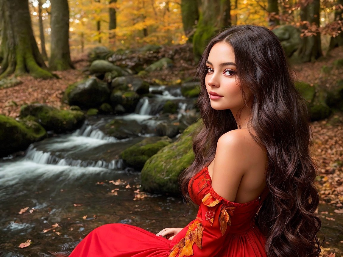Young Woman in Red Dress by Autumn Stream