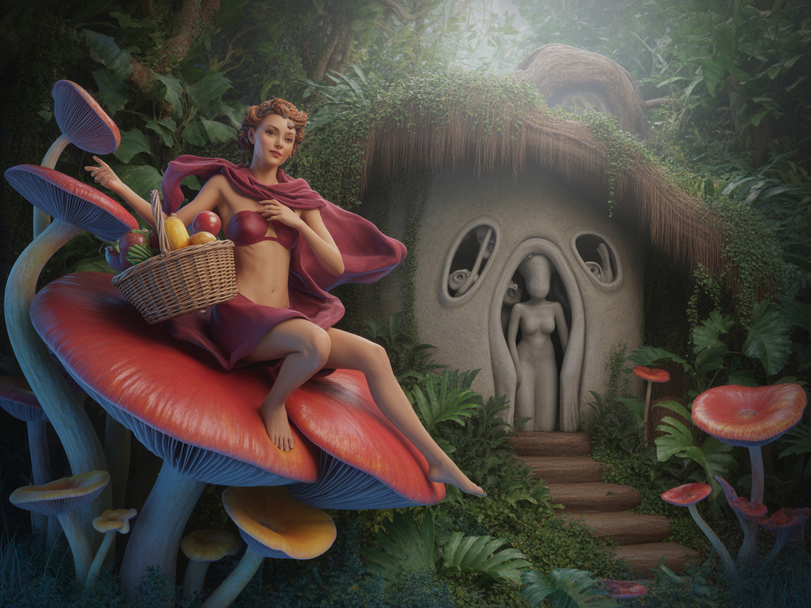 Whimsical Figure on Mushroom in Enchanted Forest
