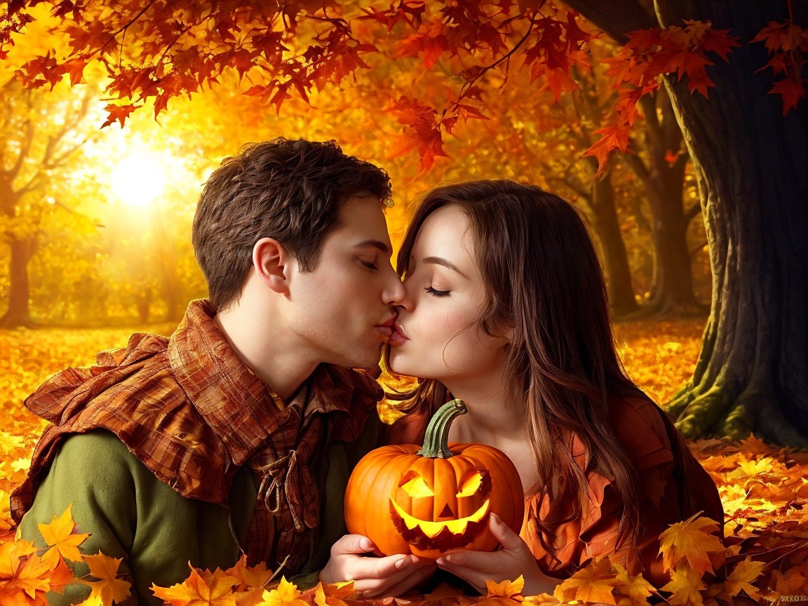 Couple Kissing in Autumn with Carved Pumpkin