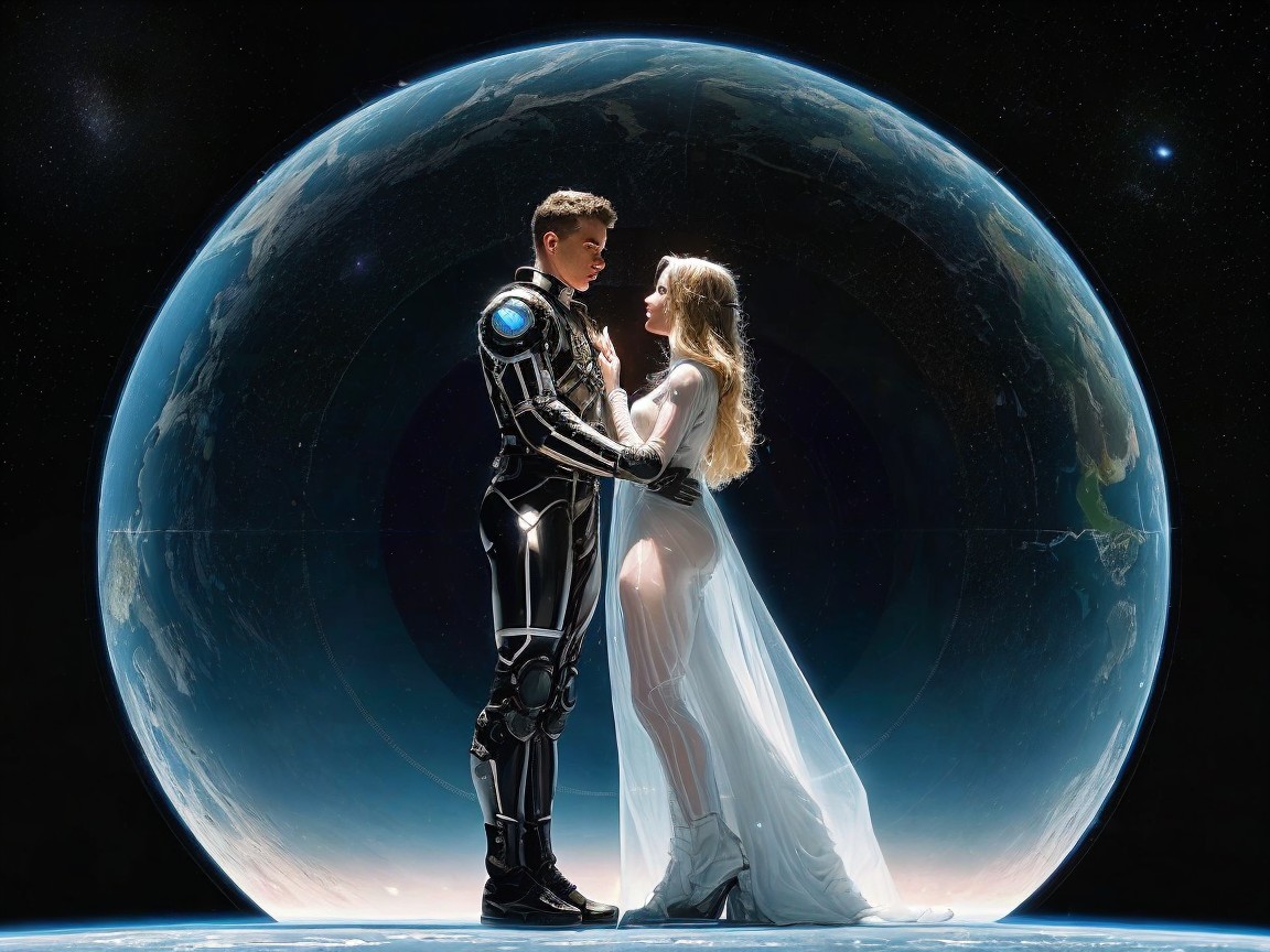 Robotic Figure and Woman in Futuristic Setting