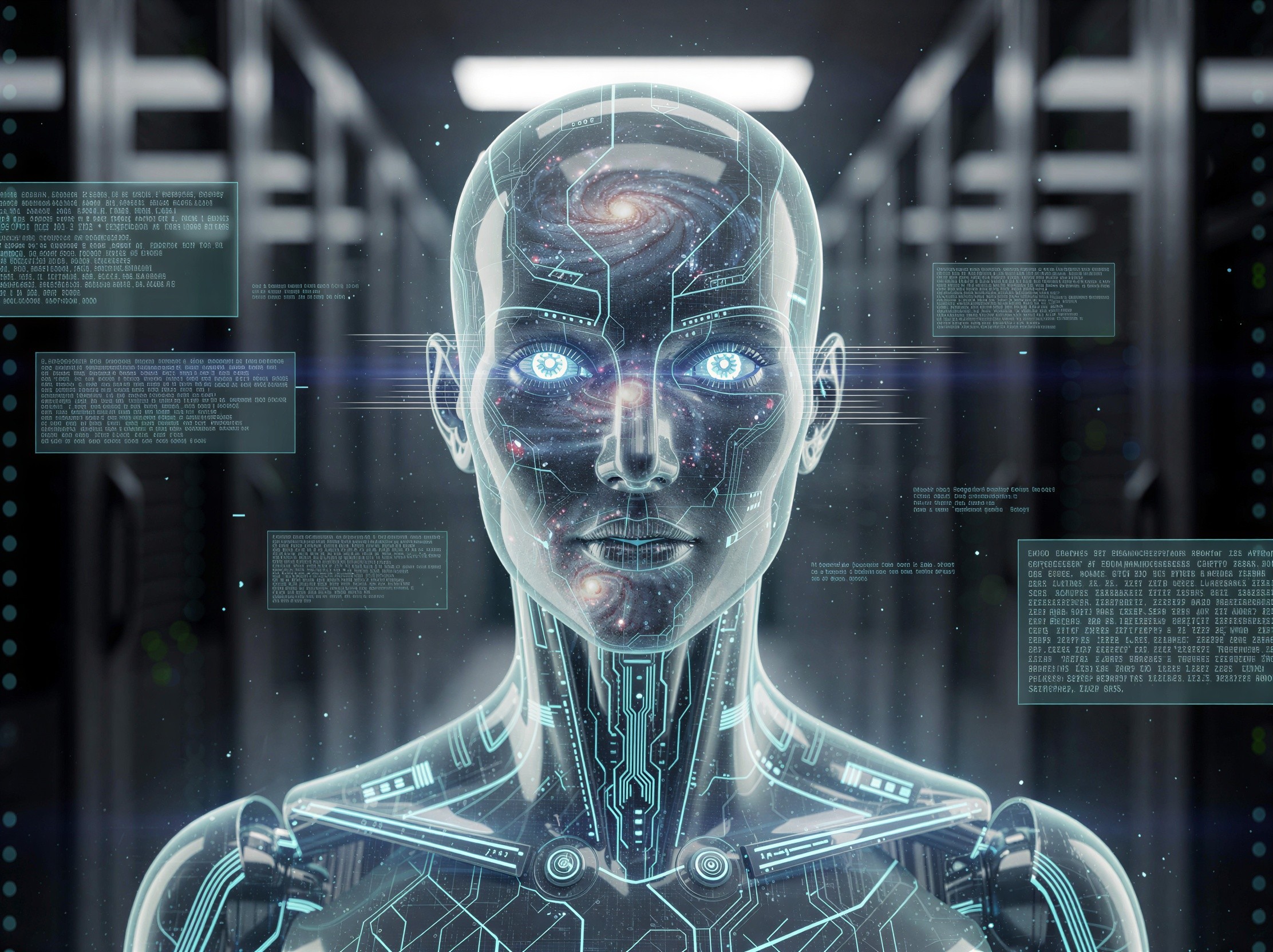 Translucent Blue Futuristic Female Cyborg Close-Up