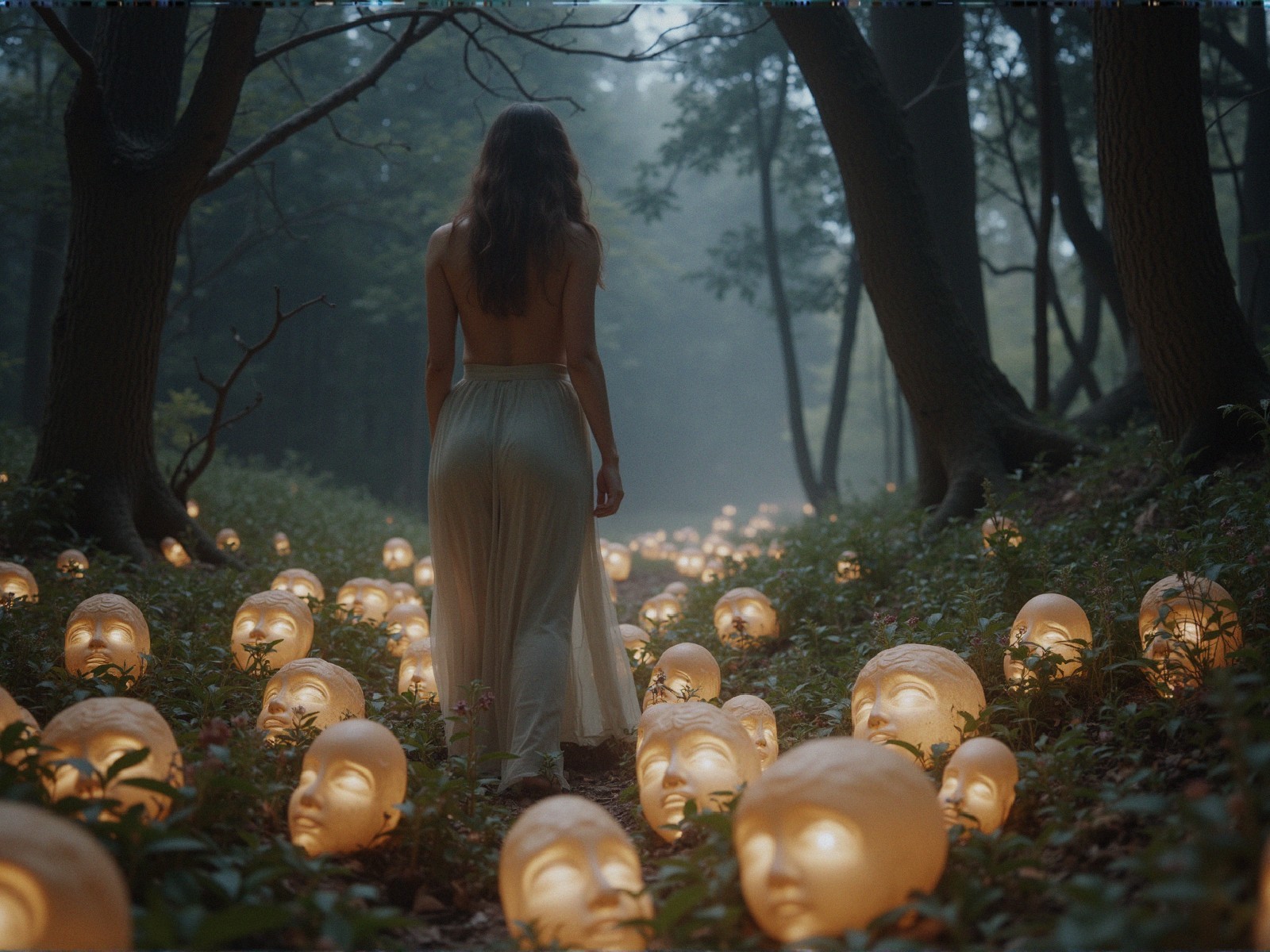 Mysterious Forest Scene with Ethereal Light and Sculptures