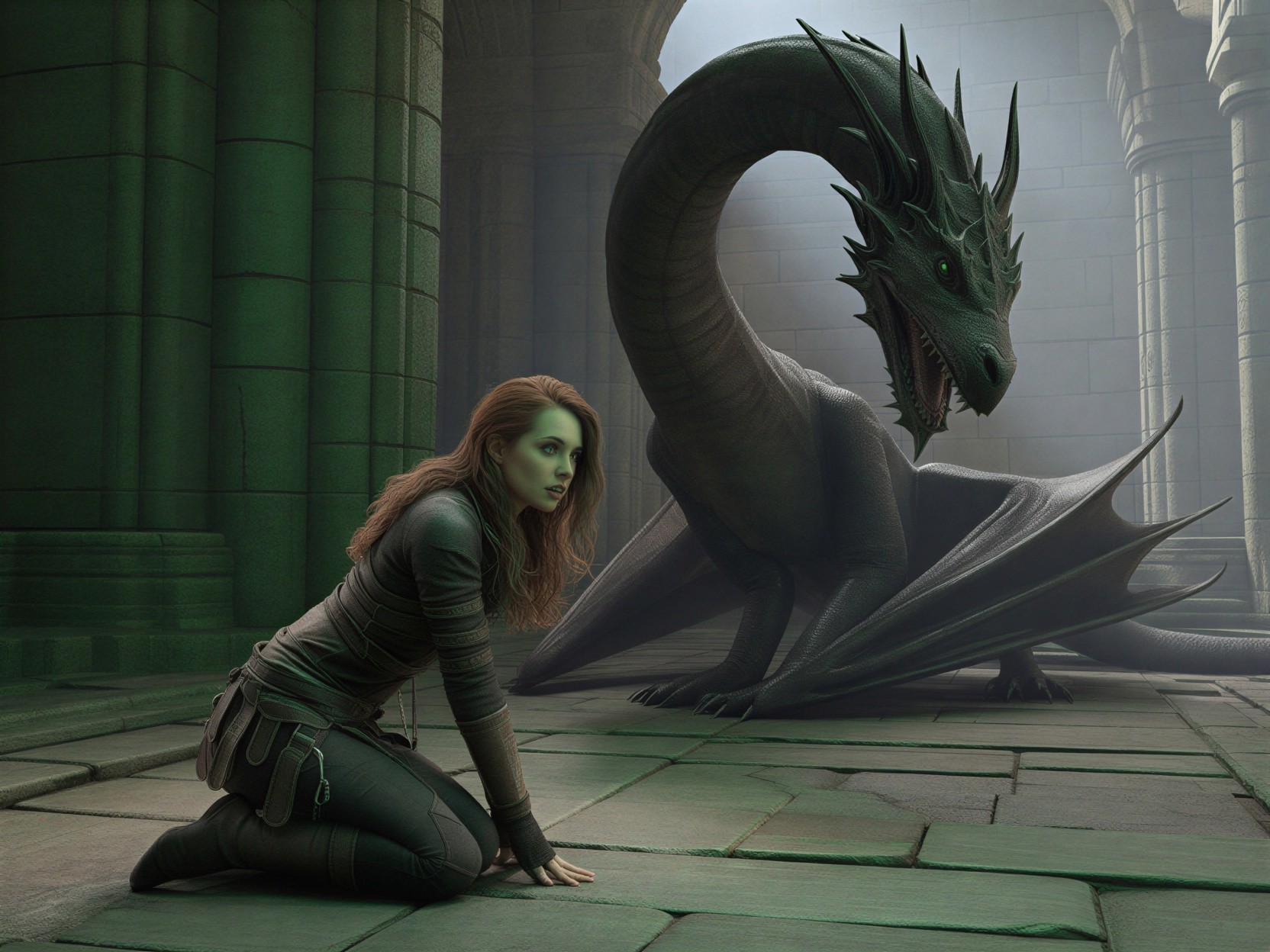 Dragon and Woman in Ancient Stone Chamber Scene