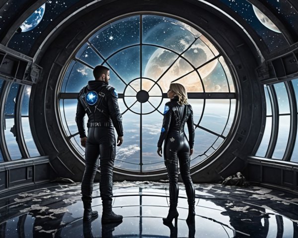 Astronauts Observing Cosmic Landscape Through Window