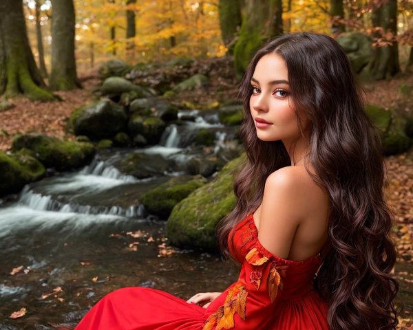 Young Woman in Red Dress by Autumn Stream