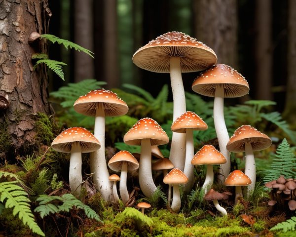 Vibrant Mushrooms in a Lush Forest Setting