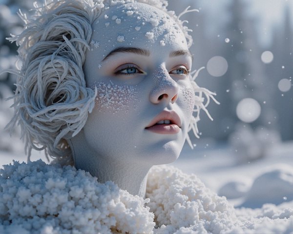 Serene figure in snowy landscape with ethereal features