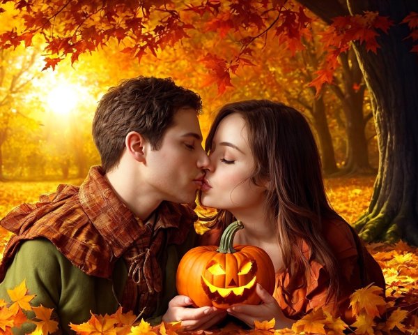Couple Kissing in Autumn with Carved Pumpkin