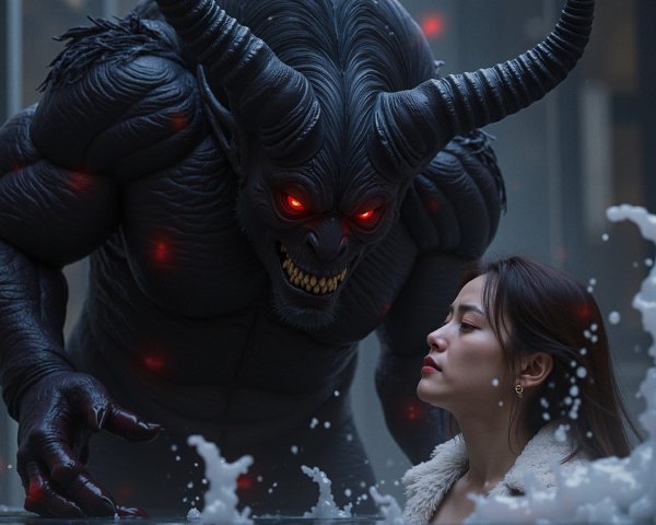 Horned Demon and Young Woman in Dramatic Encounter