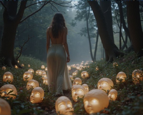 Mysterious Forest Scene with Ethereal Light and Sculptures