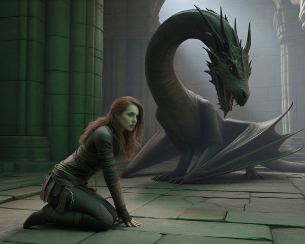 Dragon and Woman in Ancient Stone Chamber Scene