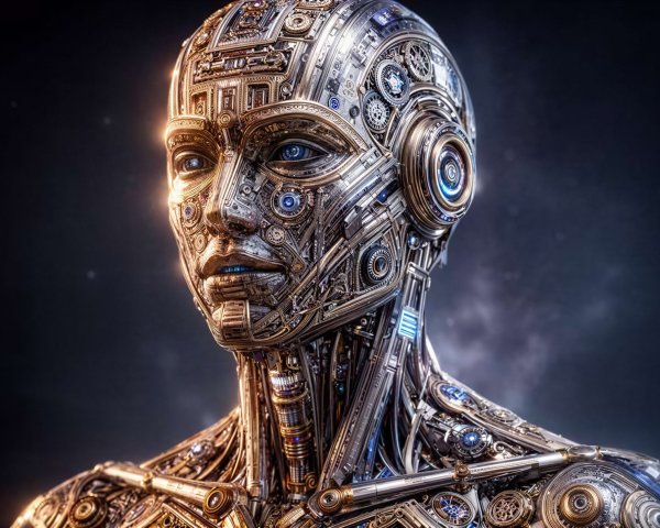 Detailed Steampunk Android Face and Upper Chest Close-Up