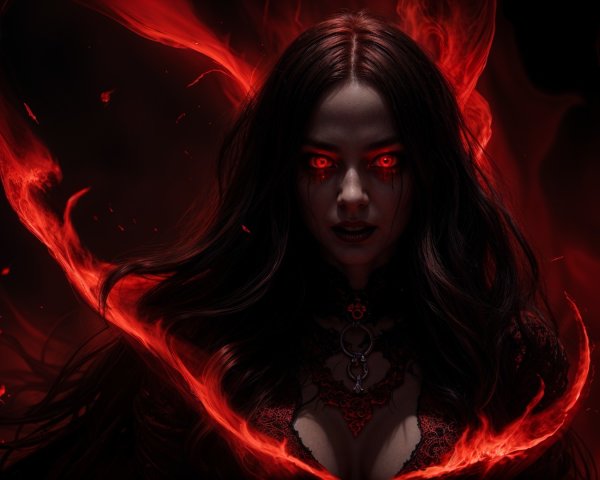 Haunting Figure in Crimson Flames with Dark Elegance