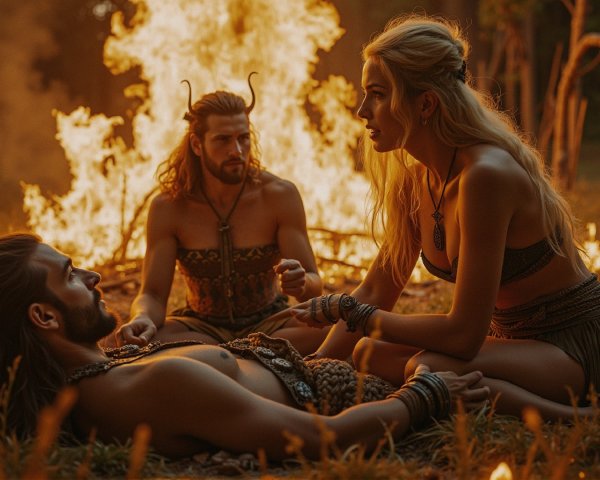 Gathering in a Forest Clearing at Dusk by Bonfire