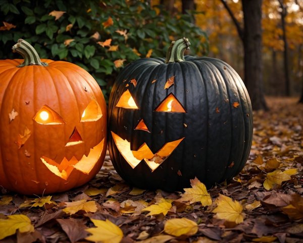 Carved Pumpkins Among Autumn Leaves and Foliage