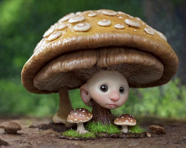 Whimsical creature with mushroom cap in forest setting