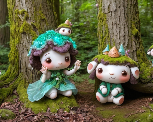 Whimsical Dolls and Creatures in a Lush Forest Setting