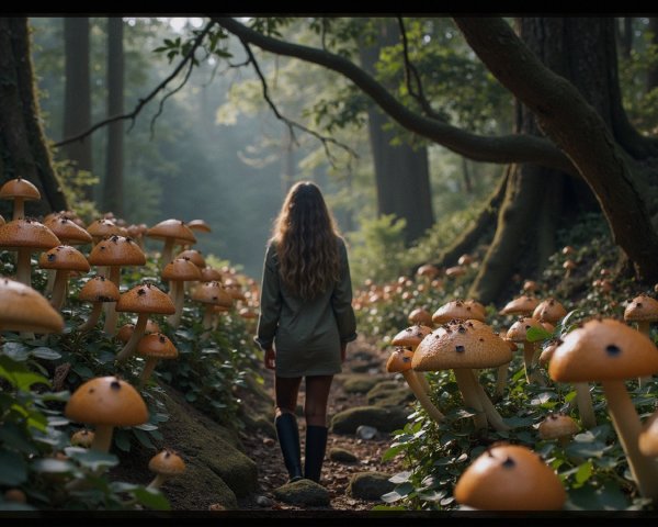 Forest Scene with Golden Mushrooms and Sunlight