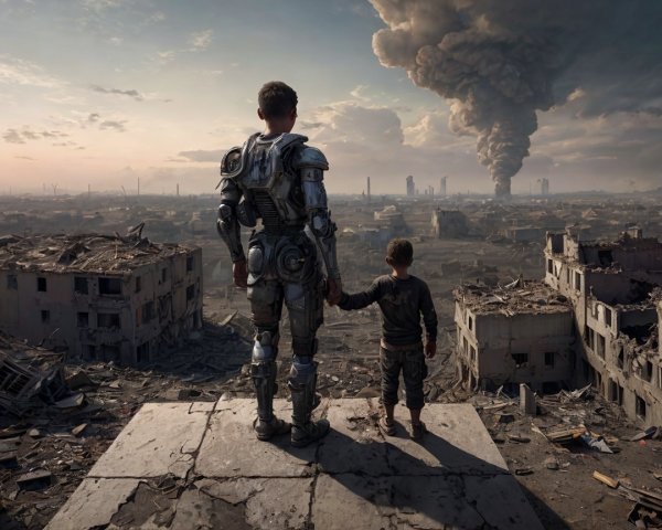 Armored Figure and Child Overlooking Ruined City