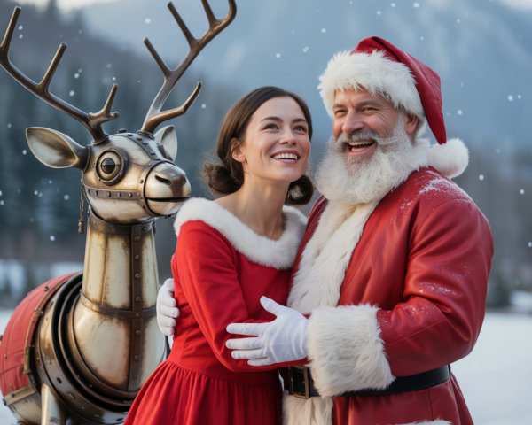 Joyful holiday scene with woman, Santa, and reindeer