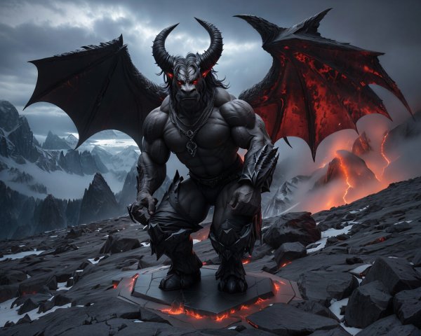 Muscular demon in a volcanic rocky landscape