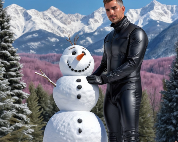 Attractive man in leather suit next to snowman outdoors