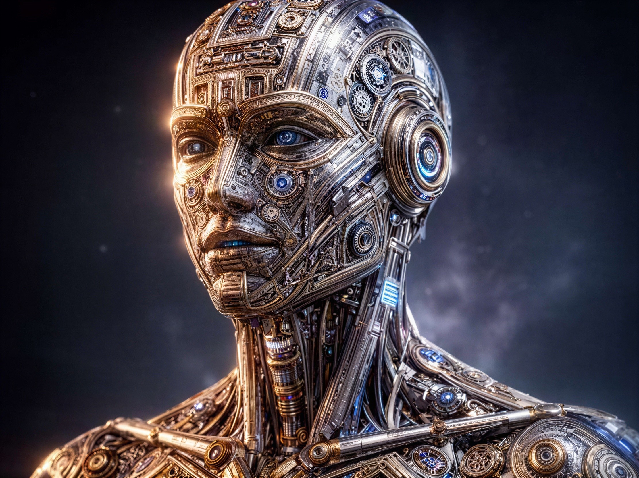Detailed Steampunk Android Face and Upper Chest Close-Up