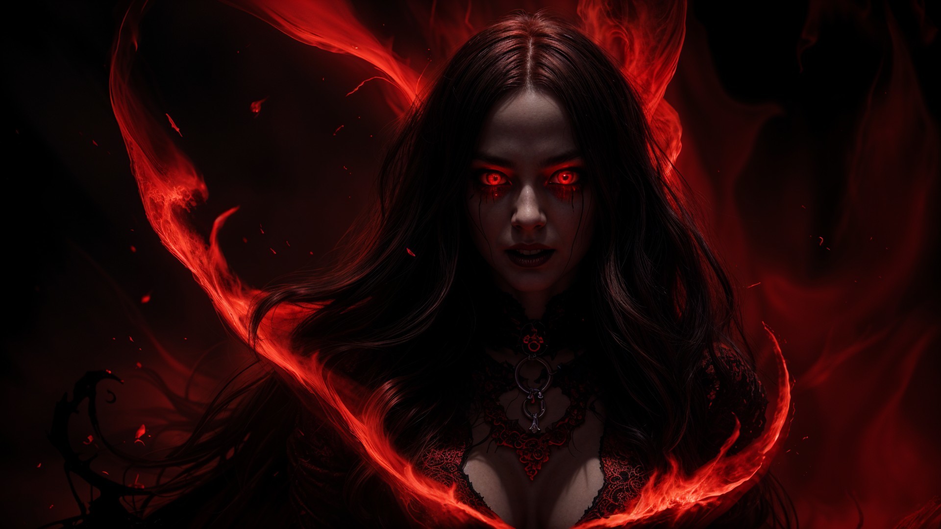Haunting Figure in Crimson Flames with Dark Elegance