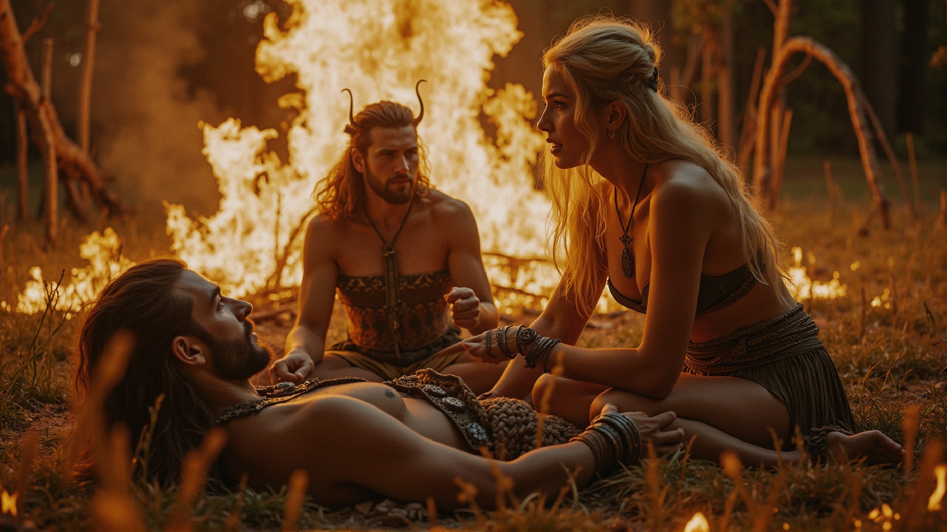 Gathering in a Forest Clearing at Dusk by Bonfire