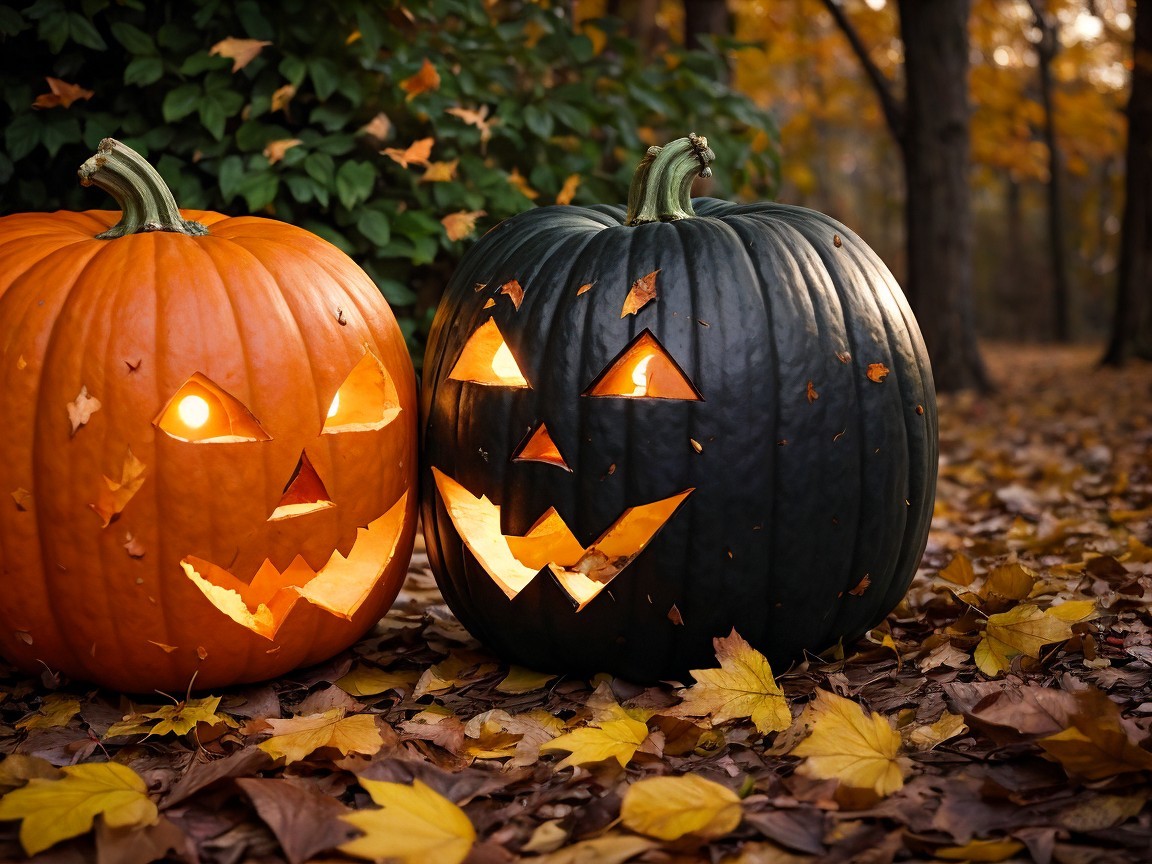 Carved Pumpkins Among Autumn Leaves and Foliage