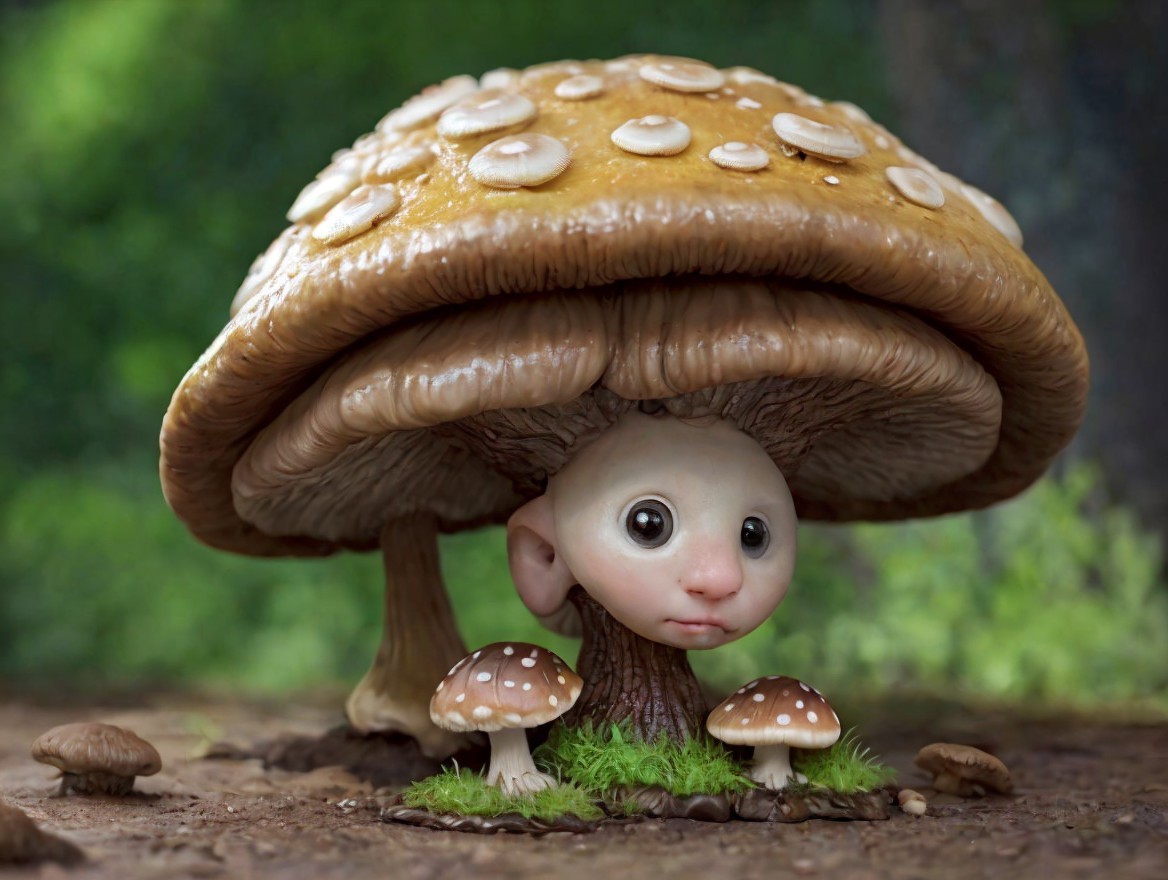 Whimsical creature with mushroom cap in forest setting