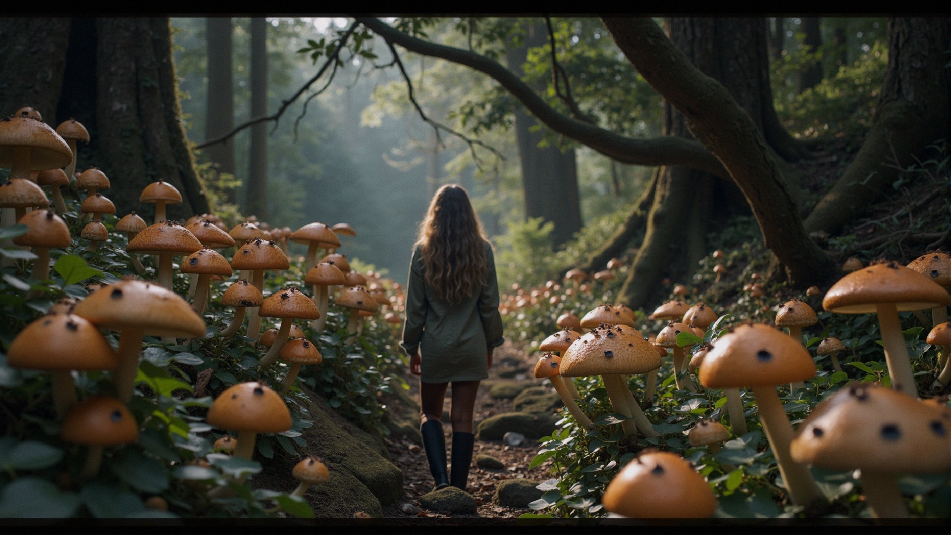 Forest Scene with Golden Mushrooms and Sunlight